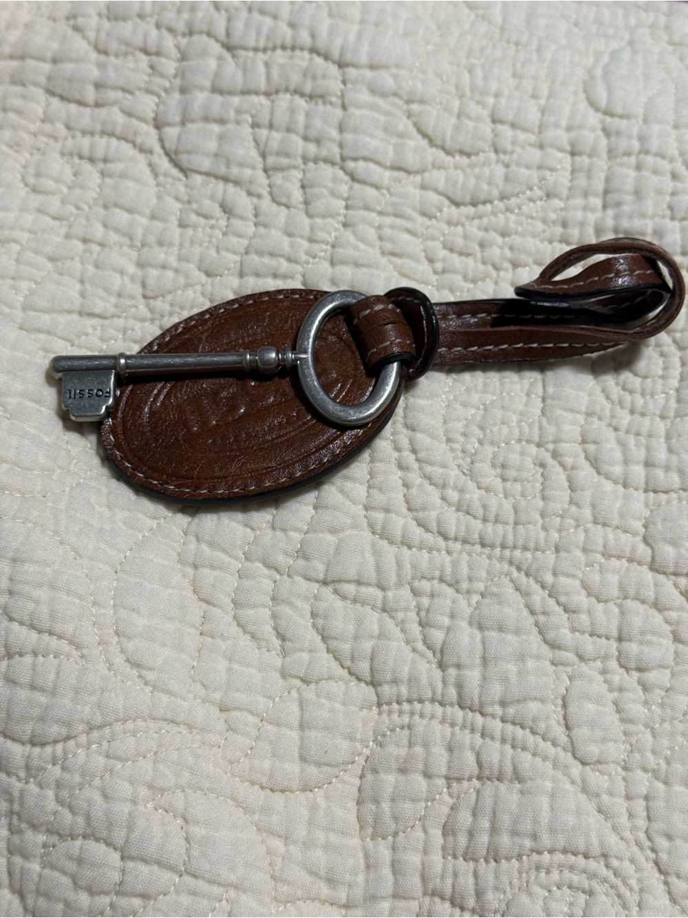 Fossil Vintage Brown Leather Key Fob/Bag Charm w/Metal Key Charm!